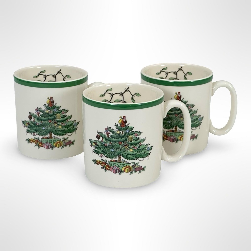 Spode Christmas Tree Coffee Mugs Set Of 3 England S3324 P Green Rim Holiday